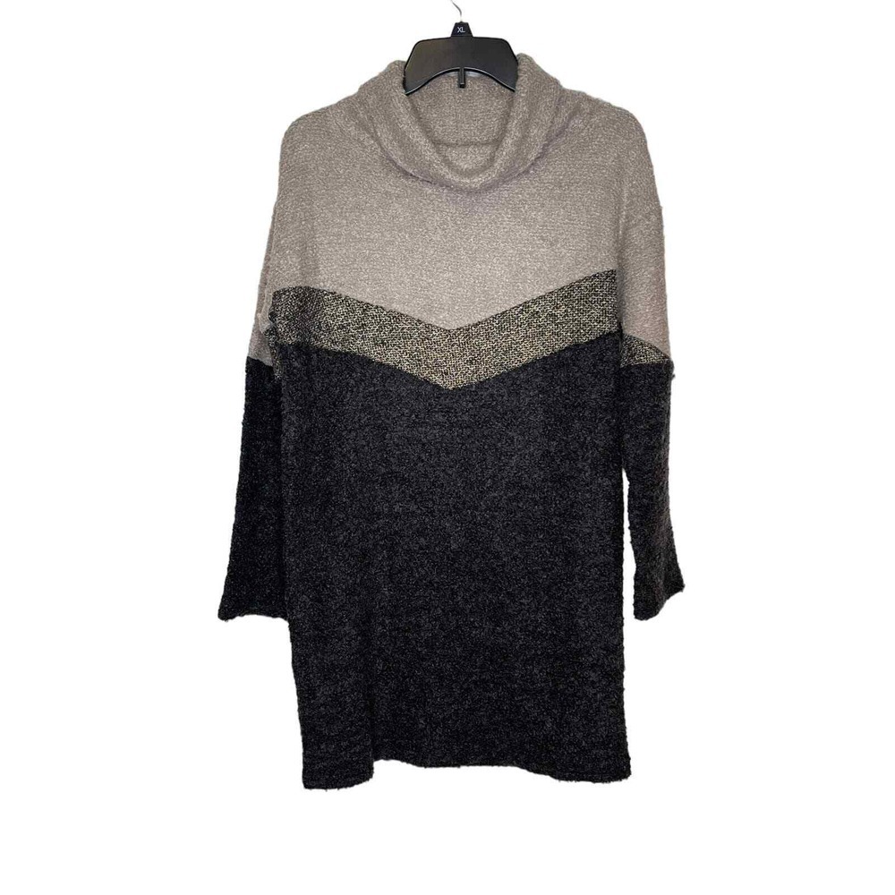 THML Women's Sweater‎ Dress Chevron Cowl Knit Boxy Fit Pullover Grey/Tan Large